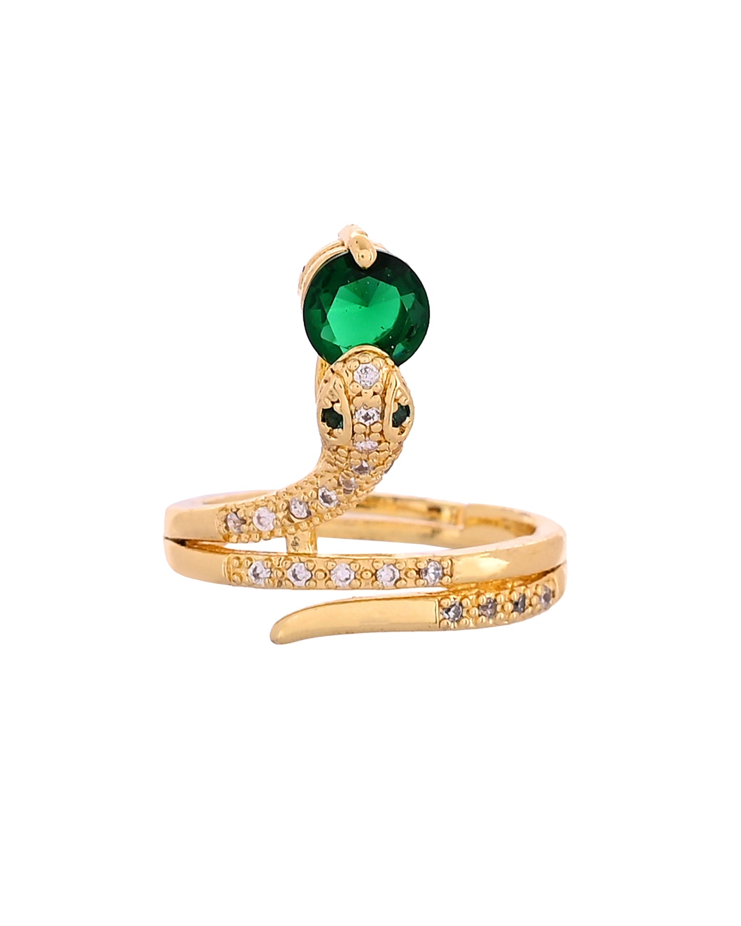 VOJ Gold Plated Snake Design Ad Ring With Green Stone - Dista