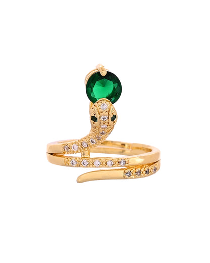 VOJ Gold Plated Snake Design Ad Ring With Green Stone - Dista