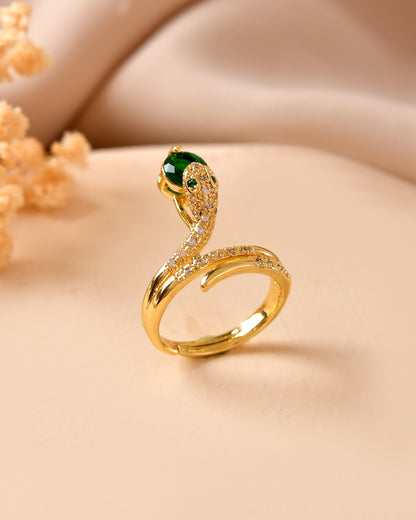 VOJ Gold Plated Snake Design Ad Ring With Green Stone - Dista