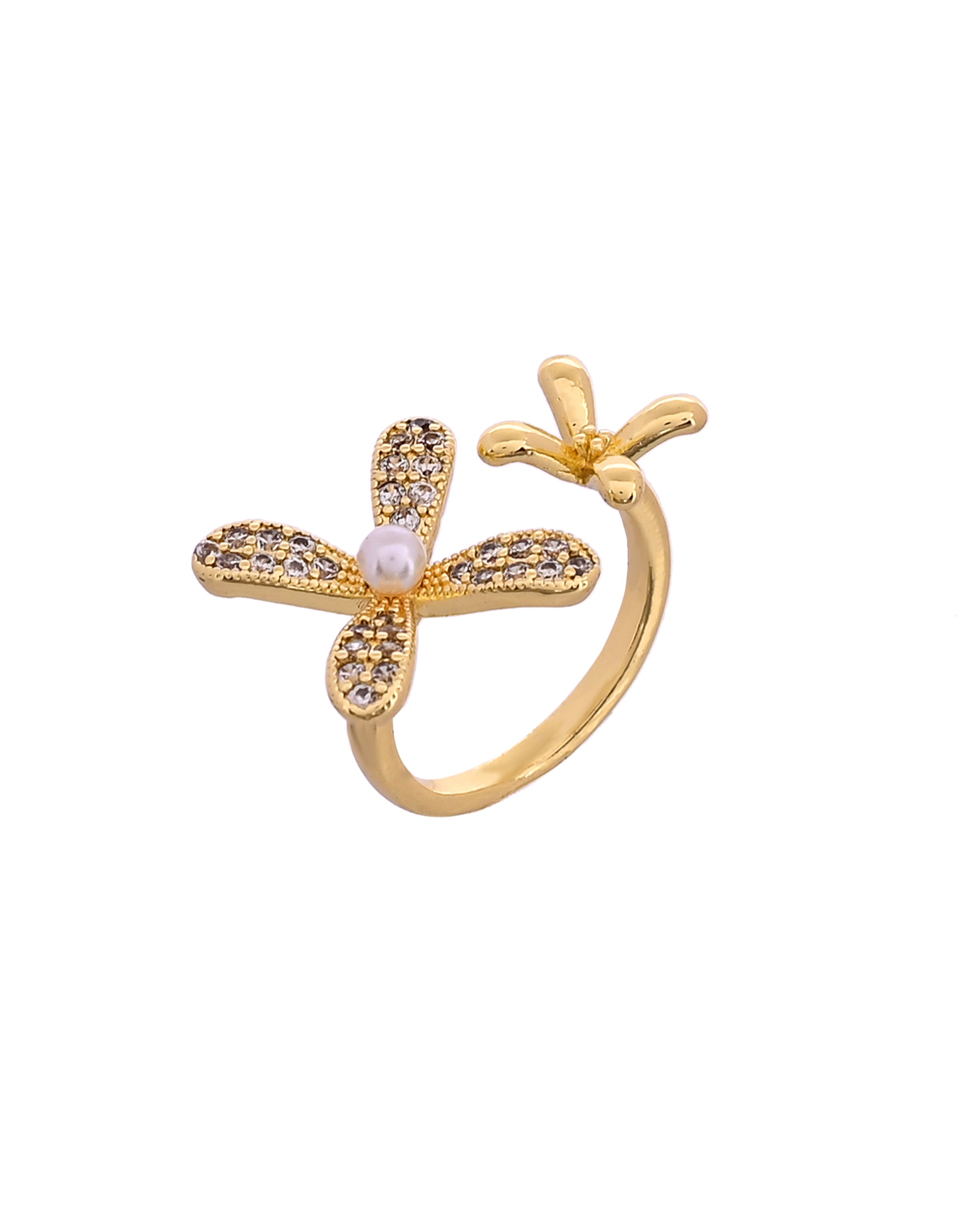 VOJ Gold Toned Floral Designed Adjustable Ring With Ad Stones - Dista