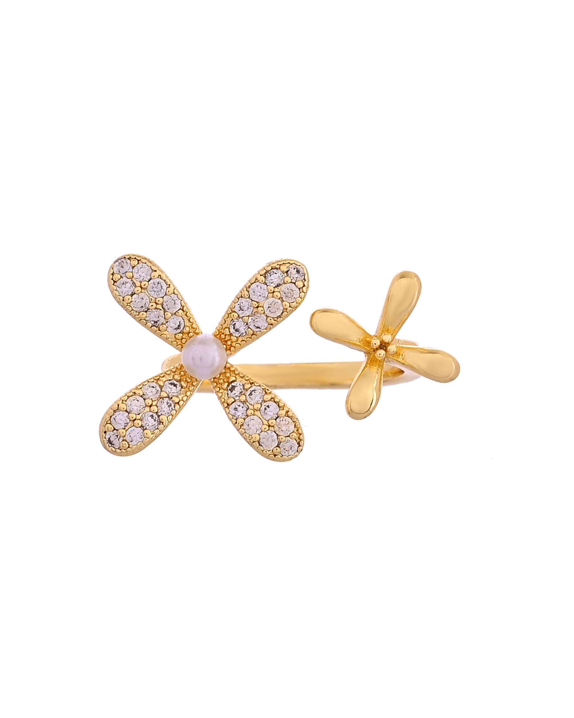 VOJ Gold Toned Floral Designed Adjustable Ring With Ad Stones - Dista