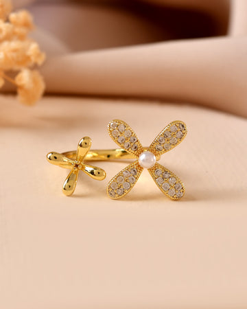 VOJ Gold Toned Floral Designed Adjustable Ring With Ad Stones - Dista
