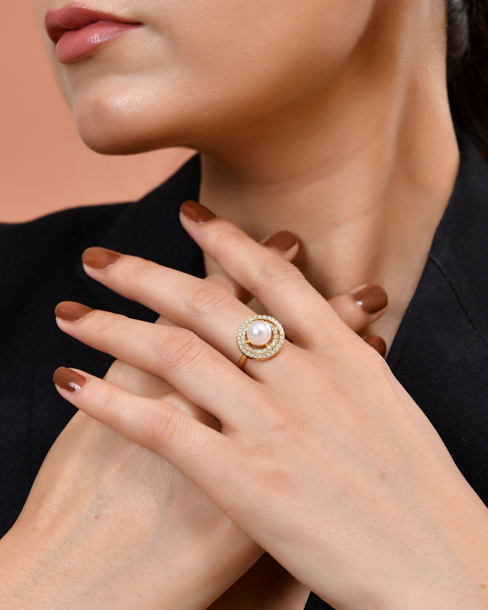VOJ Gold Plated Pearl Studded Ring With Ad Stones - Dista