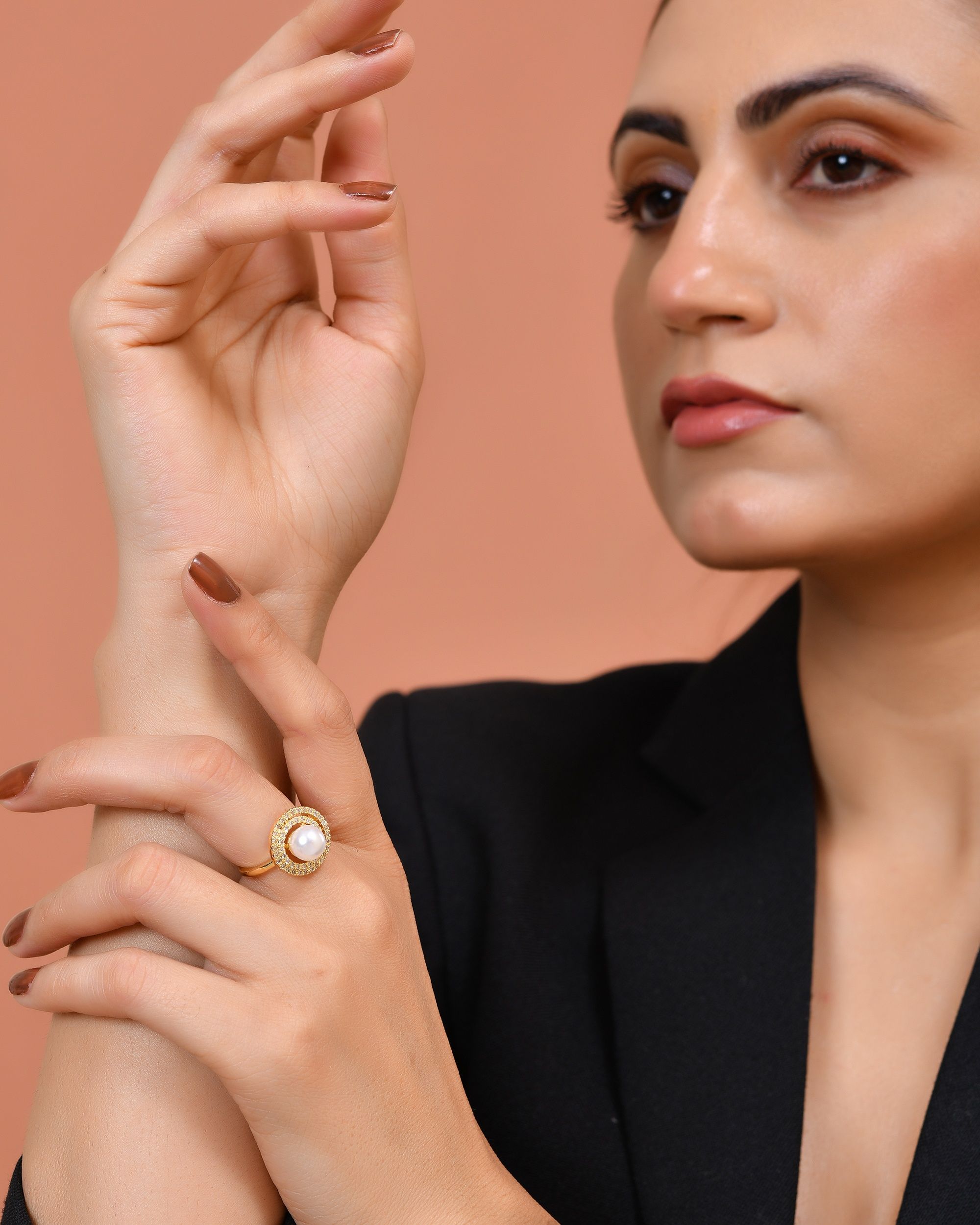 VOJ Gold Plated Pearl Studded Ring With Ad Stones - Dista