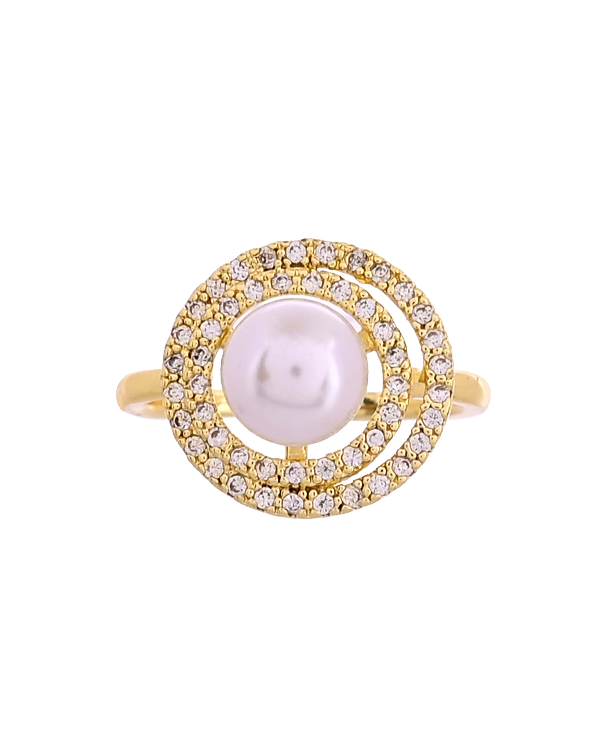 VOJ Gold Plated Pearl Studded Ring With Ad Stones - Dista