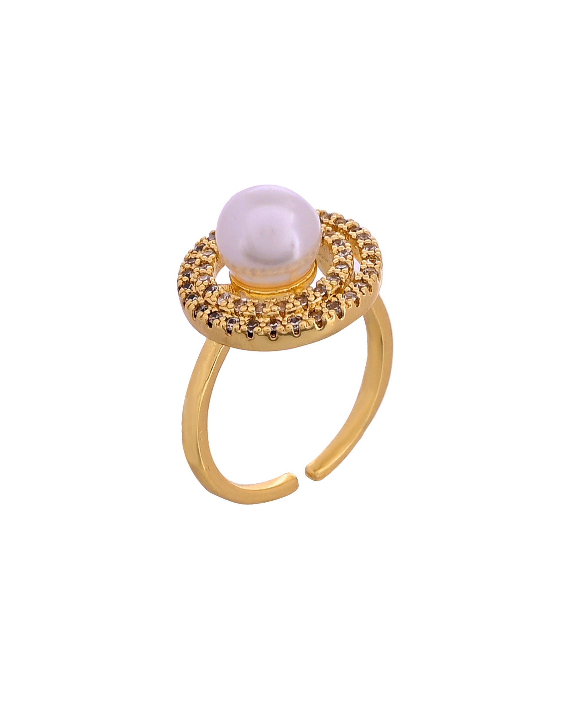 VOJ Gold Plated Pearl Studded Ring With Ad Stones - Dista