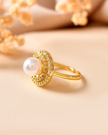 VOJ Gold Plated Pearl Studded Ring With Ad Stones - Dista