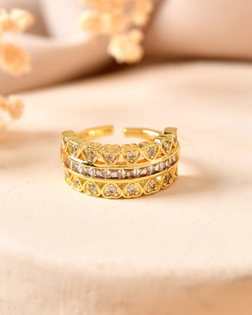VOJ Gold Plated Ad Stone Studded Heart Designed Adjustable Ring - Dista