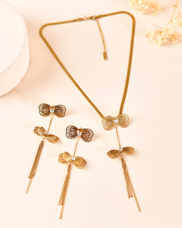 VOJ Gold-Toned Butterfly Design Pendant Necklace With Tassel Earrings Set - Dista