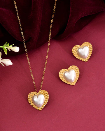 VOJ Gold Toned Pearl Studded Heart Shaped Pendant And Earrings With Chain Set - Dista