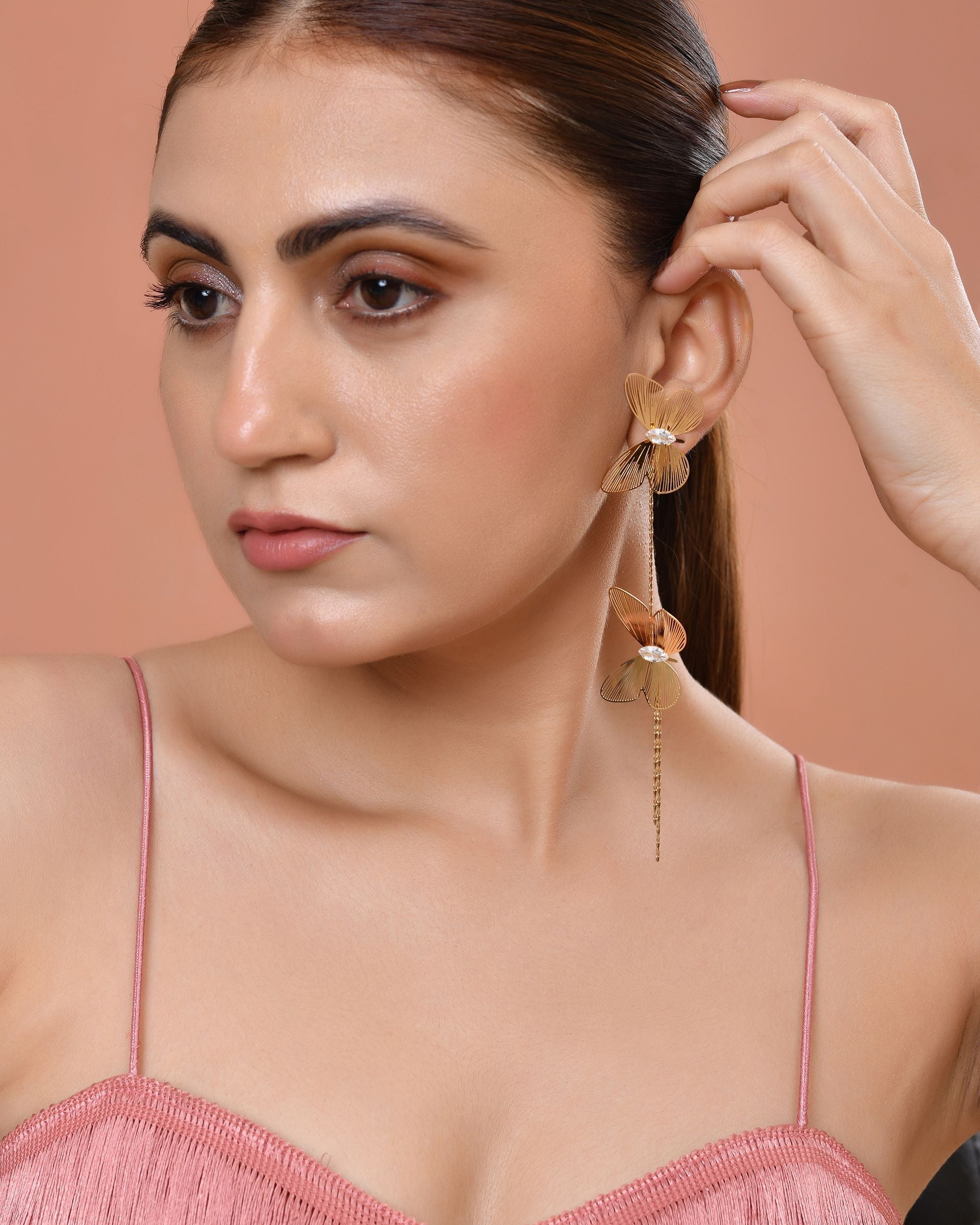 VOJ Gold Toned Butterfly Design With Tassel Studs Earrings - Dista