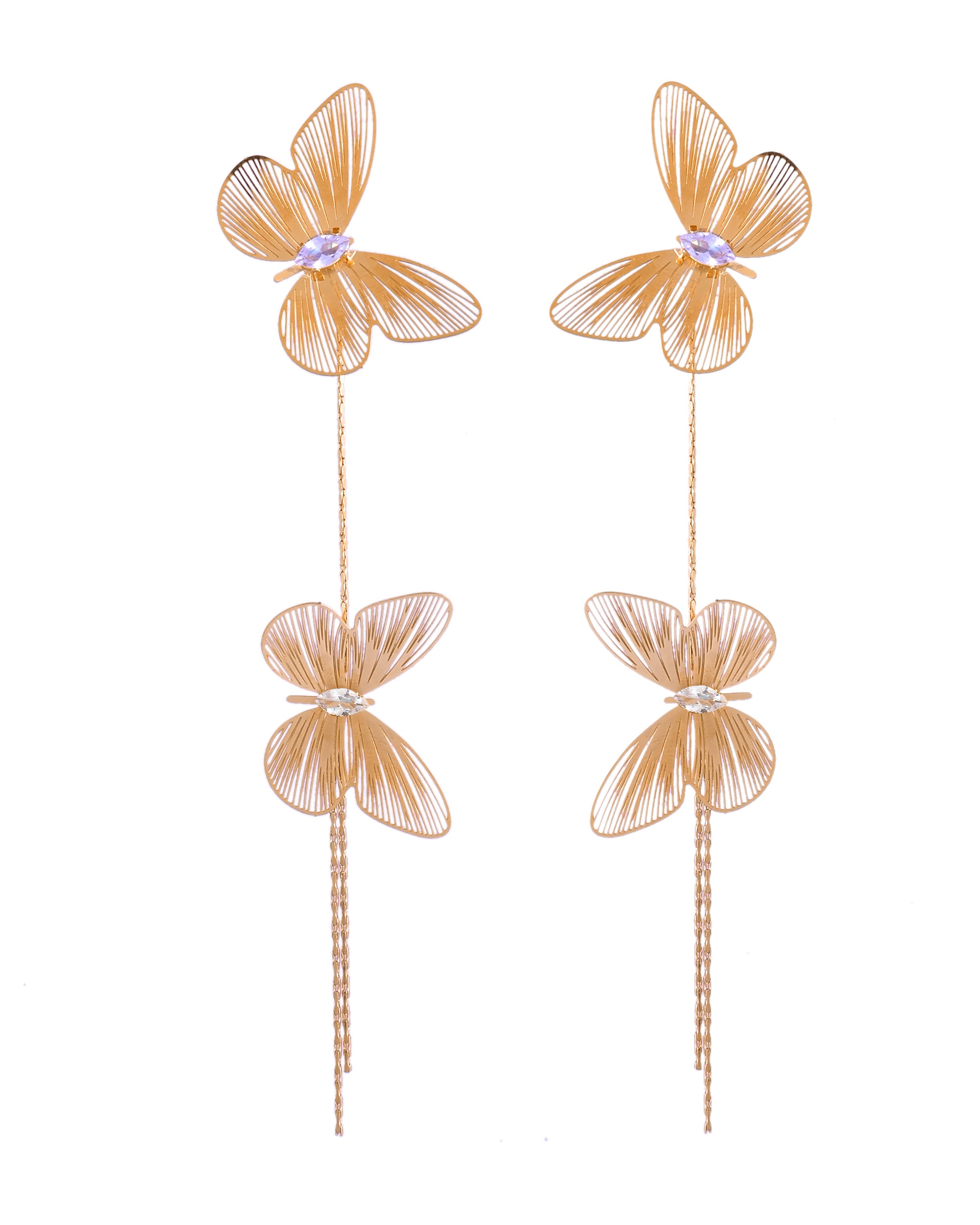 VOJ Gold Toned Butterfly Design With Tassel Studs Earrings - Dista