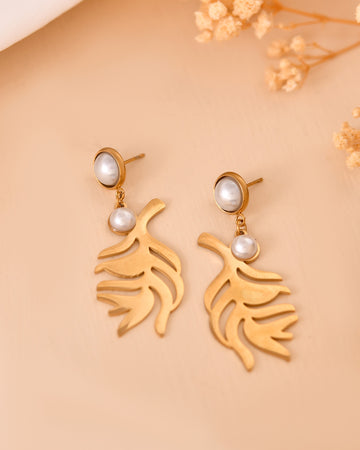VOJ Gold Plated Leaf Designed Earrings With Pearl - Dista