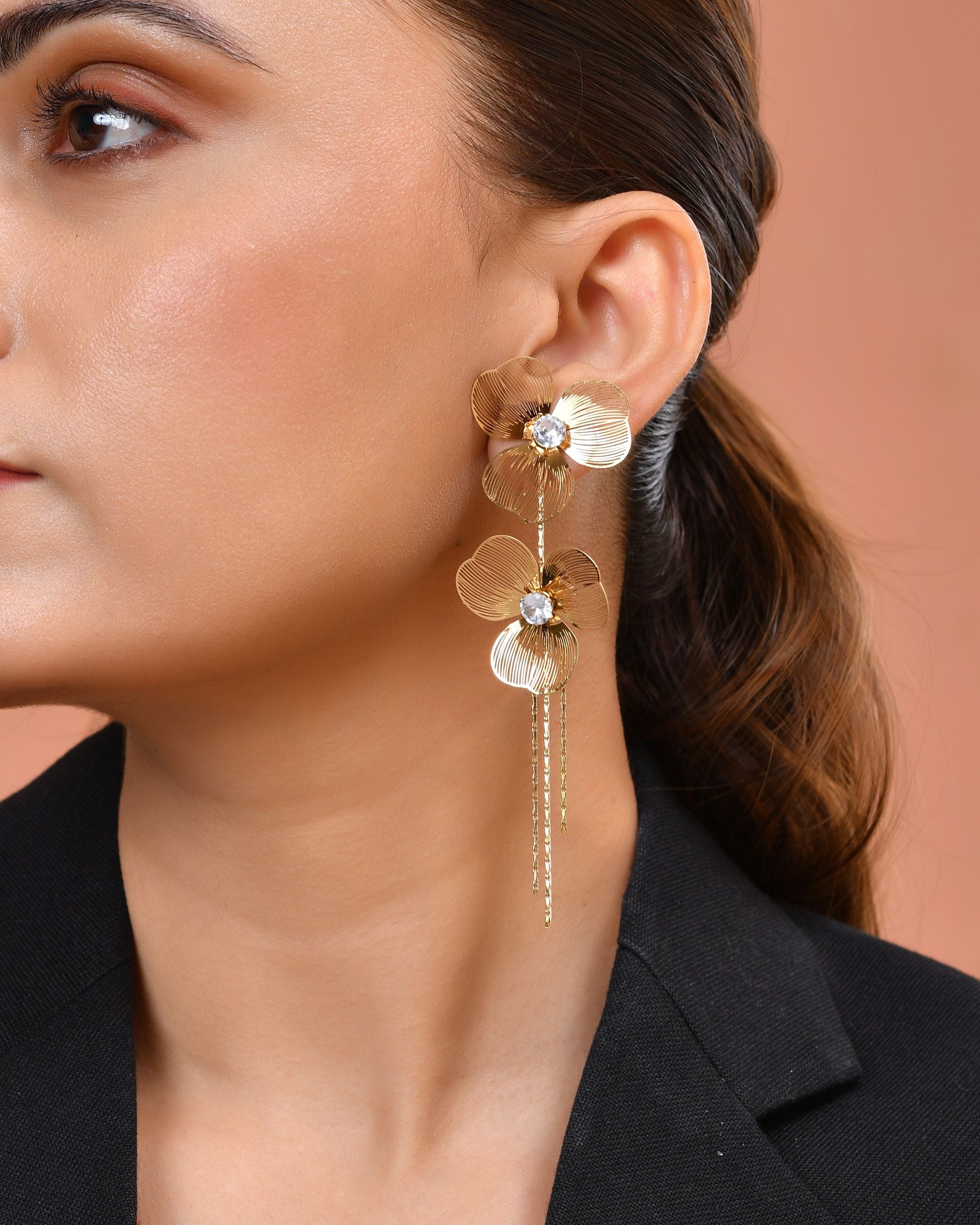 VOJ Gold Toned Floral Design With Tassel Studs Earrings - Dista
