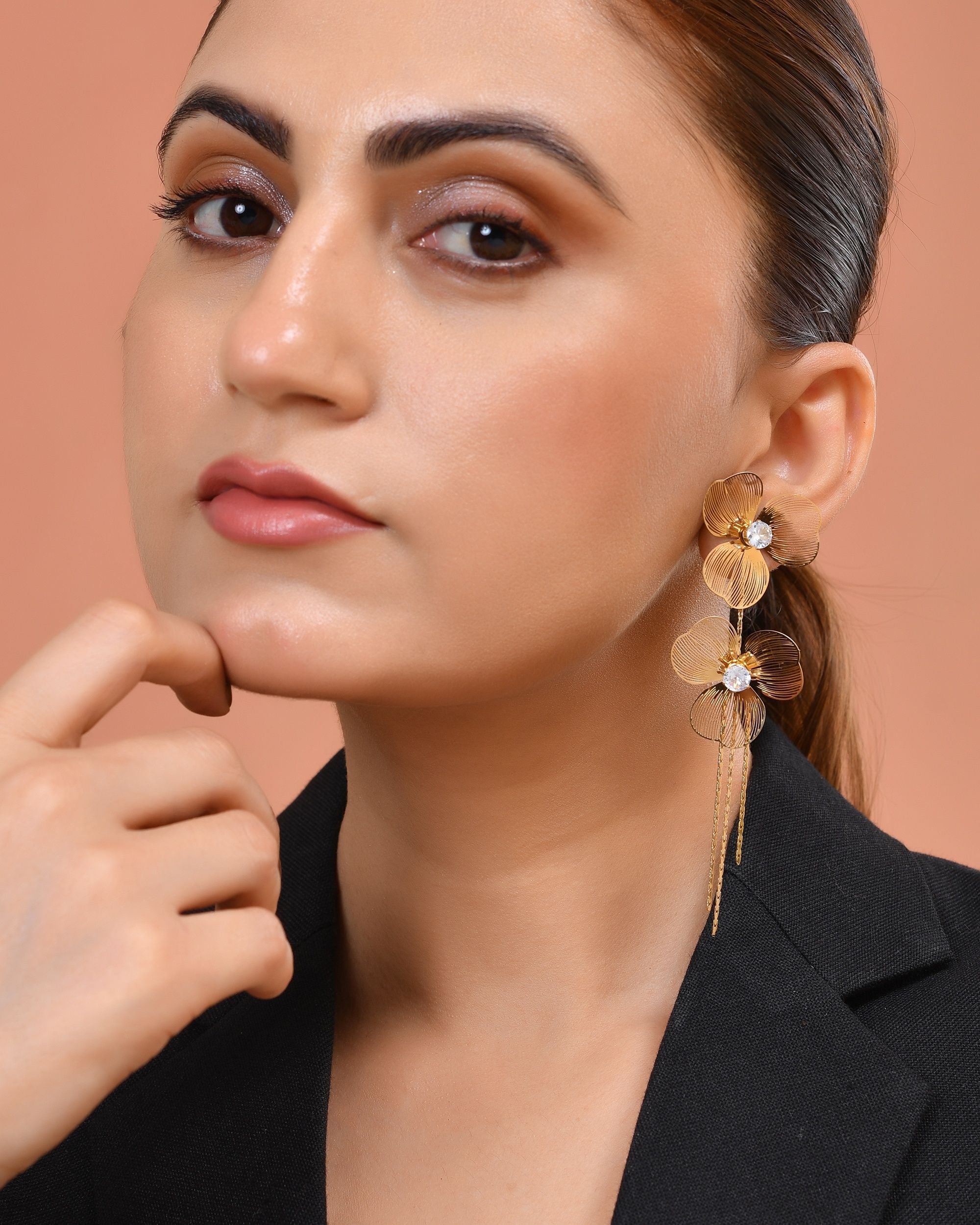 VOJ Gold Toned Floral Design With Tassel Studs Earrings - Dista
