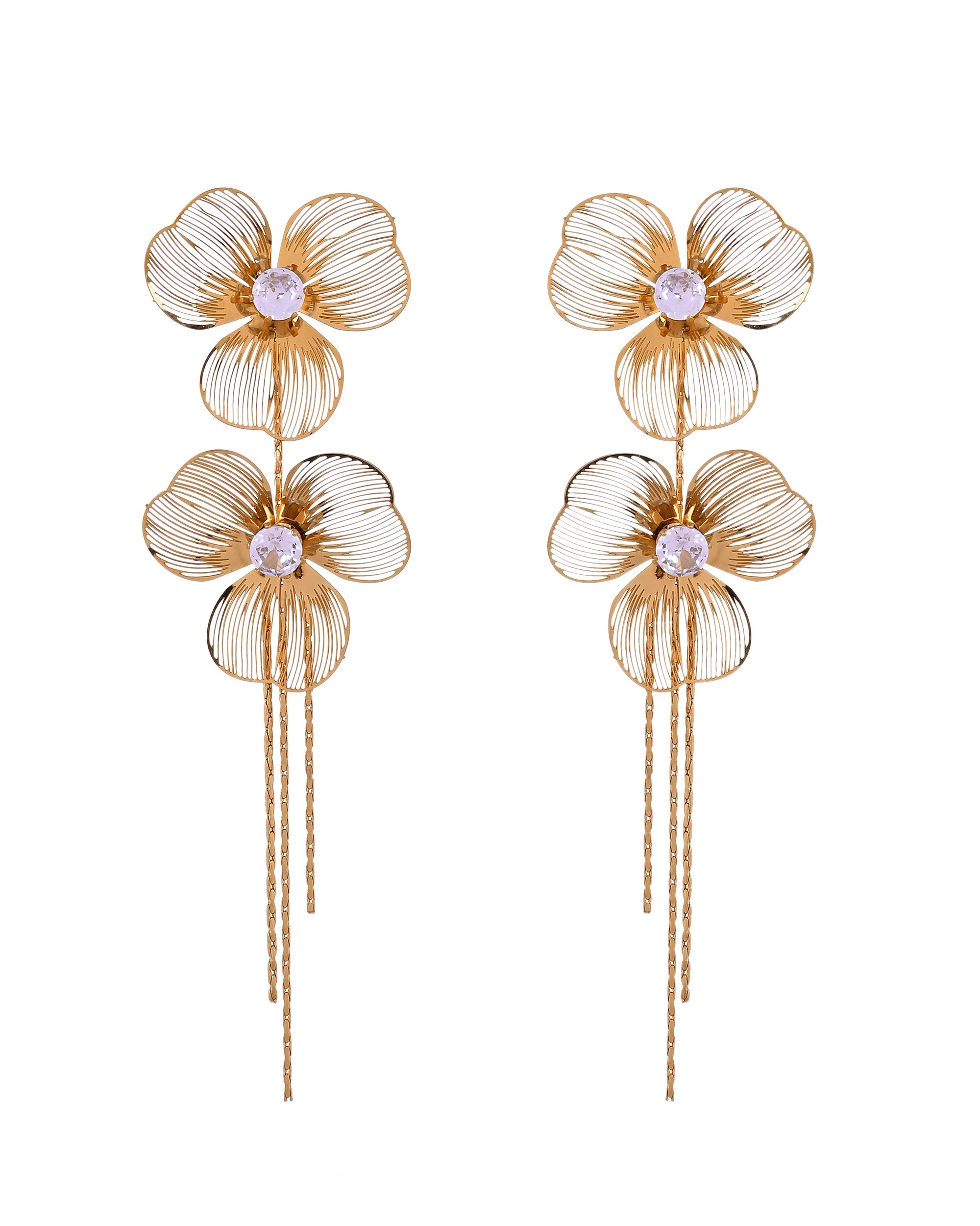 VOJ Gold Toned Floral Design With Tassel Studs Earrings - Dista