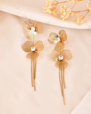 VOJ Gold Toned Floral Design With Tassel Studs Earrings - Dista