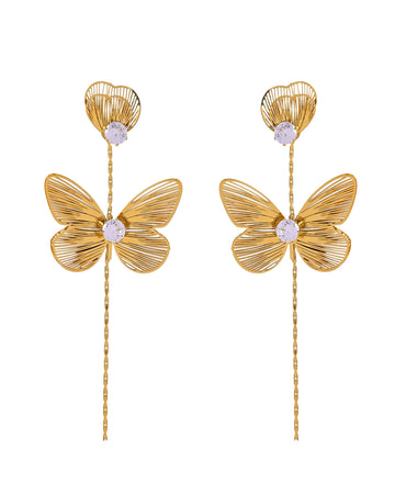 VOJ Gold Toned Single Butterfly Design With Tassel Studs Earrings - Dista