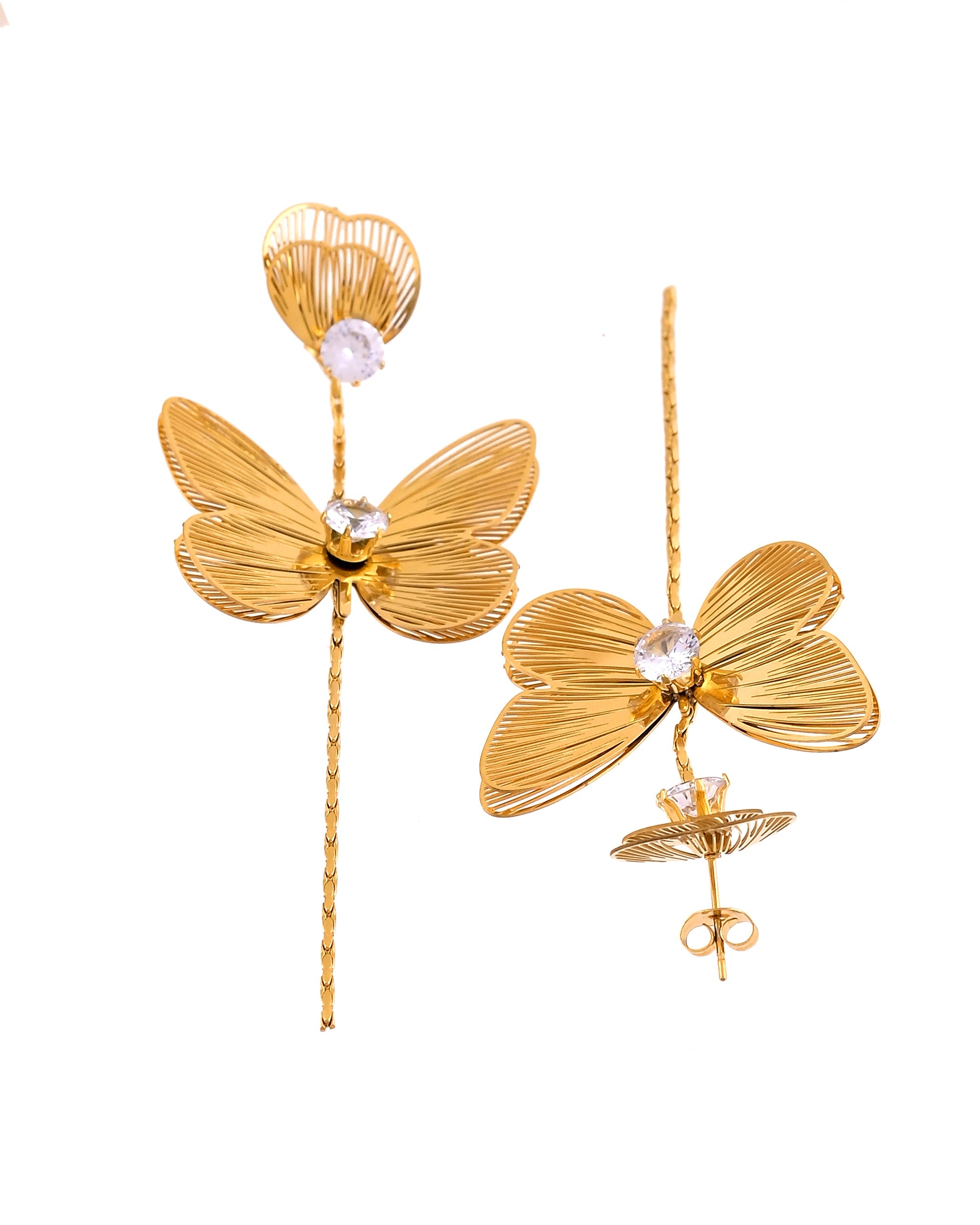VOJ Gold Toned Single Butterfly Design With Tassel Studs Earrings - Dista