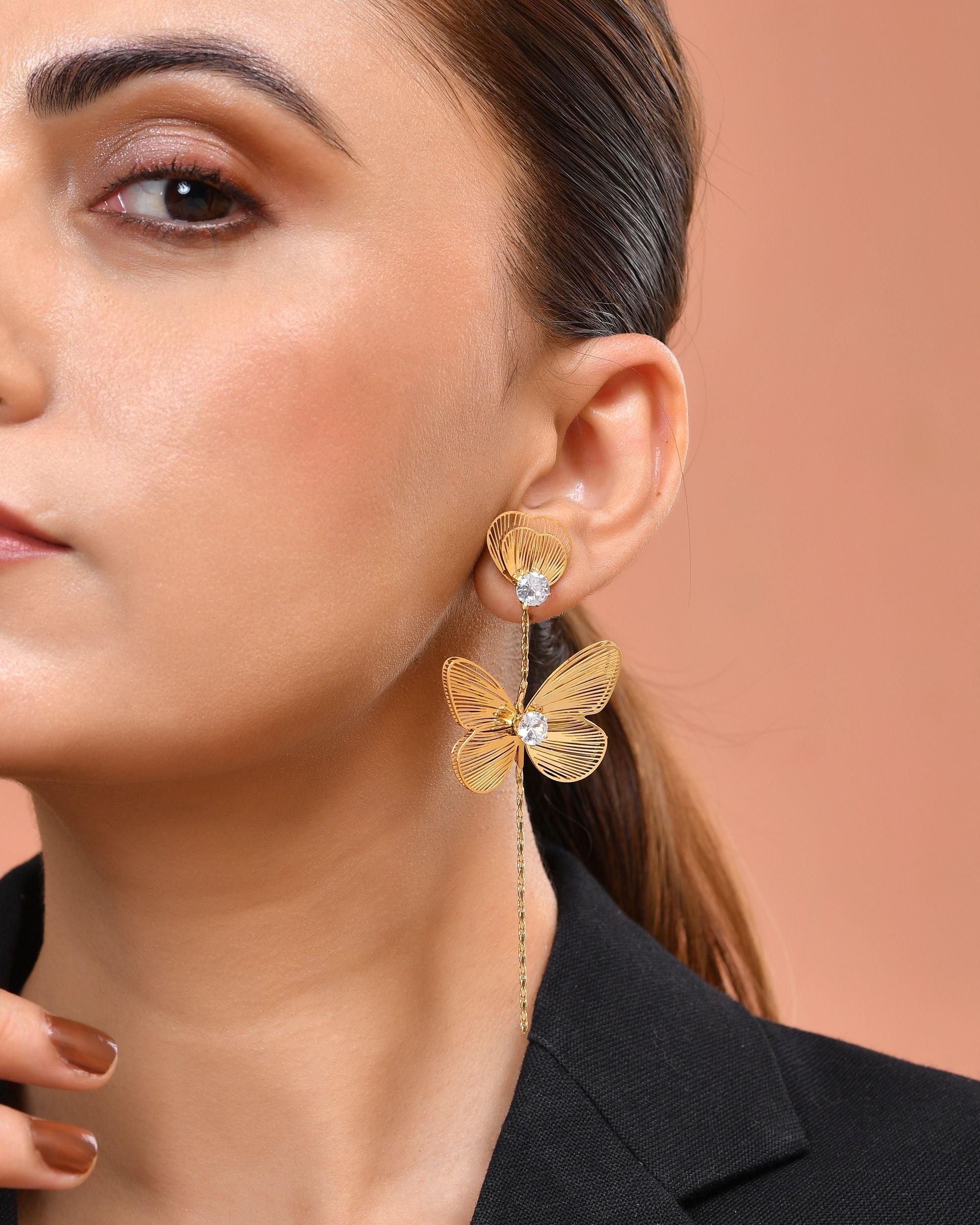 VOJ Gold Toned Single Butterfly Design With Tassel Studs Earrings - Dista