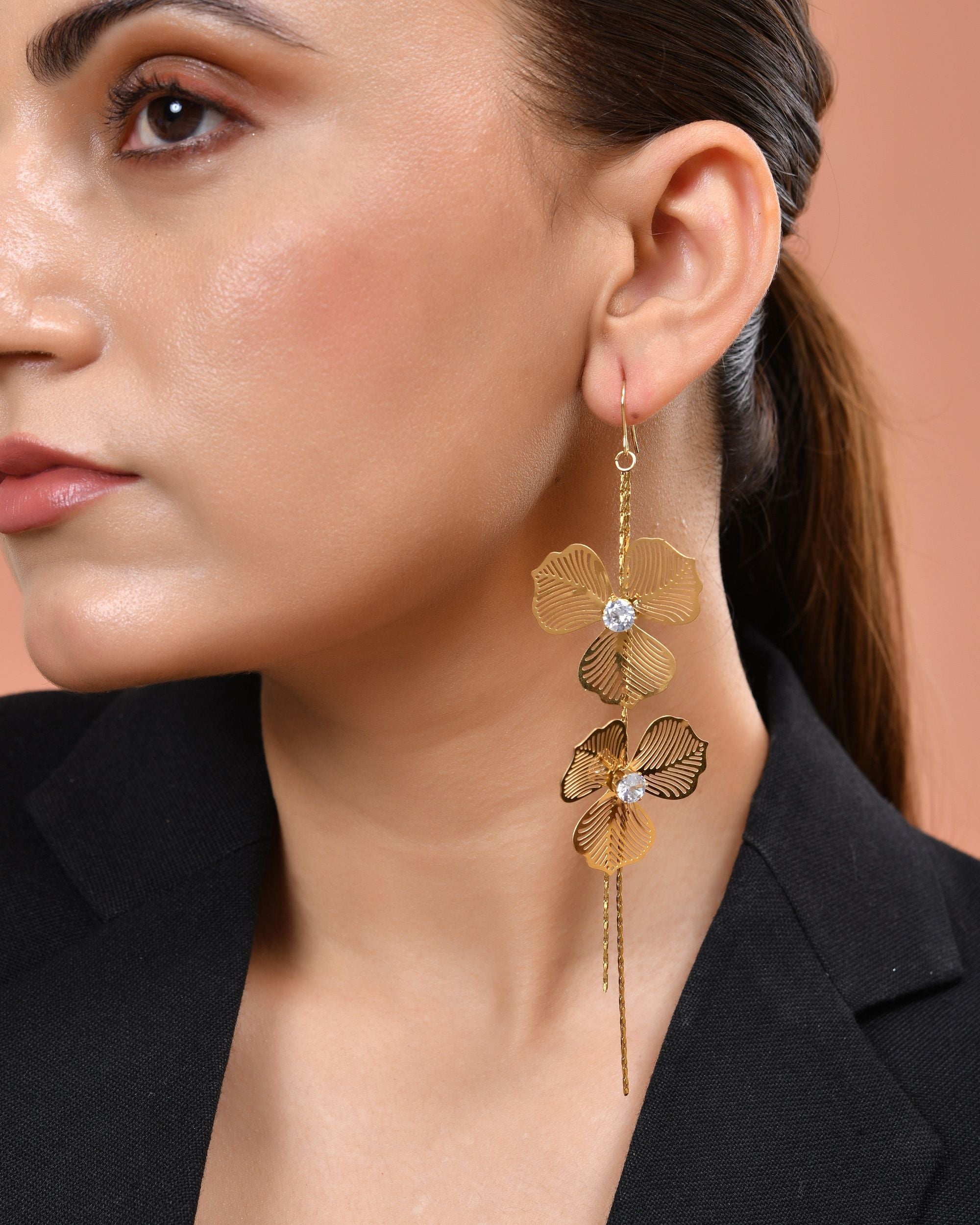 VOJ Gold Toned Floral Design With Tassel Drop Earrings - Dista