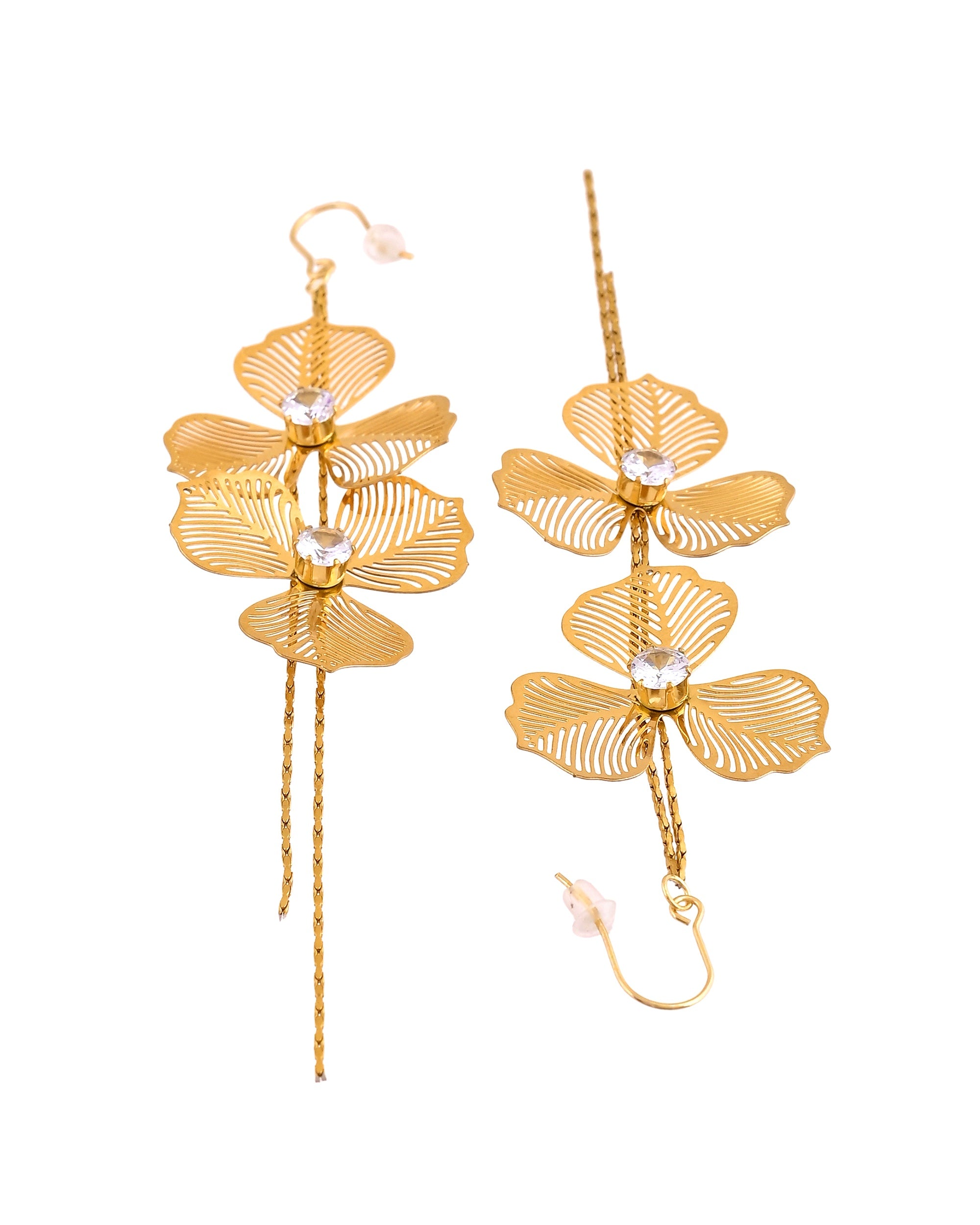 VOJ Gold Toned Floral Design With Tassel Drop Earrings - Dista