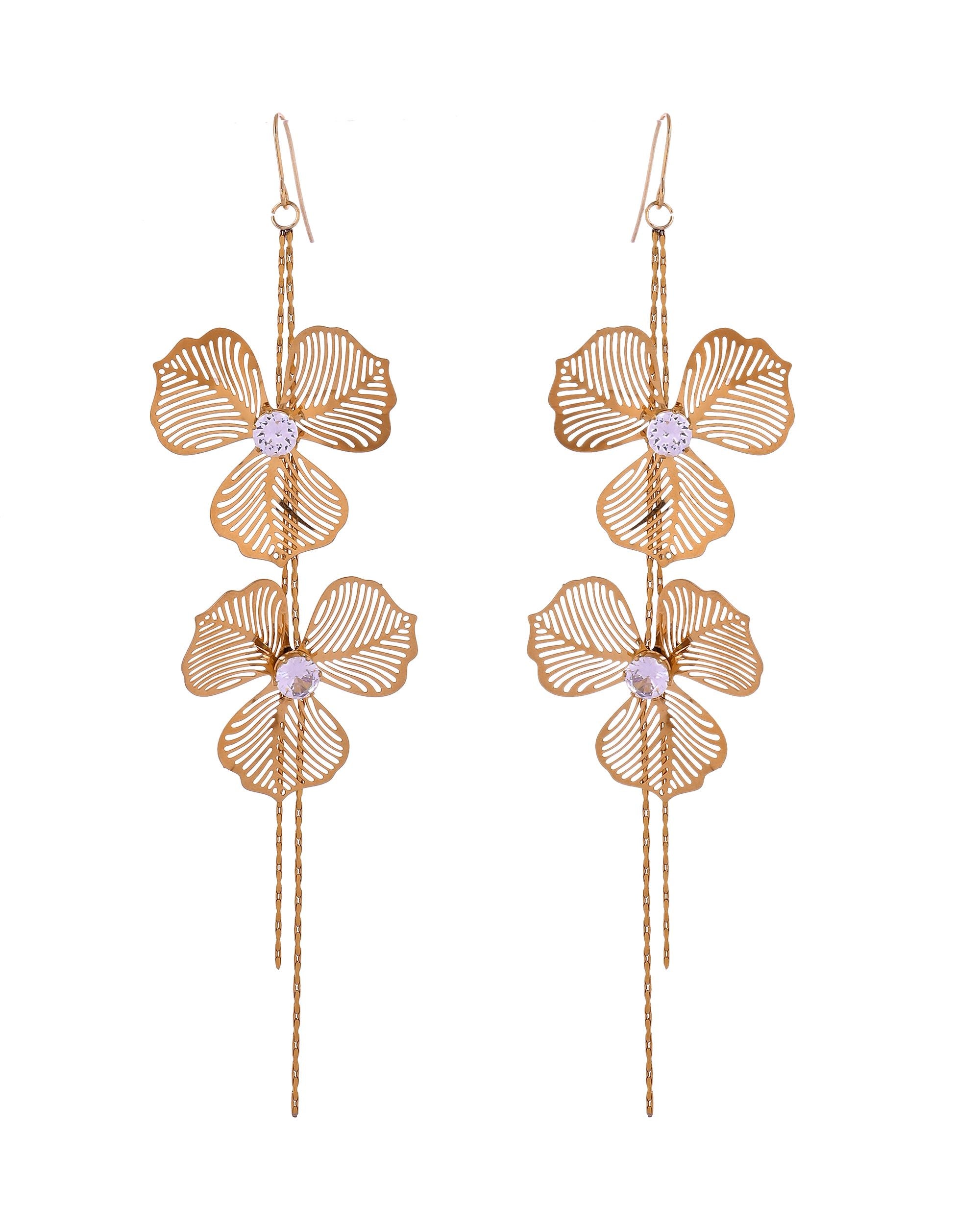 VOJ Gold Toned Floral Design With Tassel Drop Earrings - Dista
