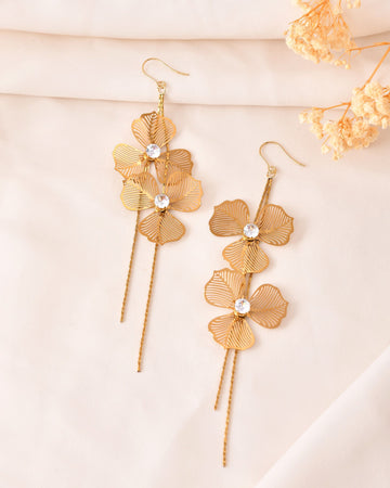 VOJ Gold Toned Floral Design With Tassel Drop Earrings - Dista