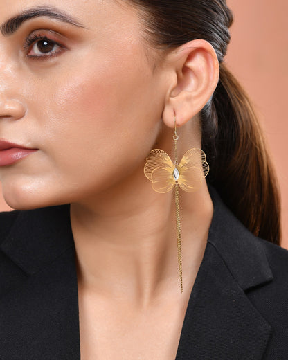 VOJ Gold Toned Single Butterfly Design With Tassel Drop Earrings - Dista