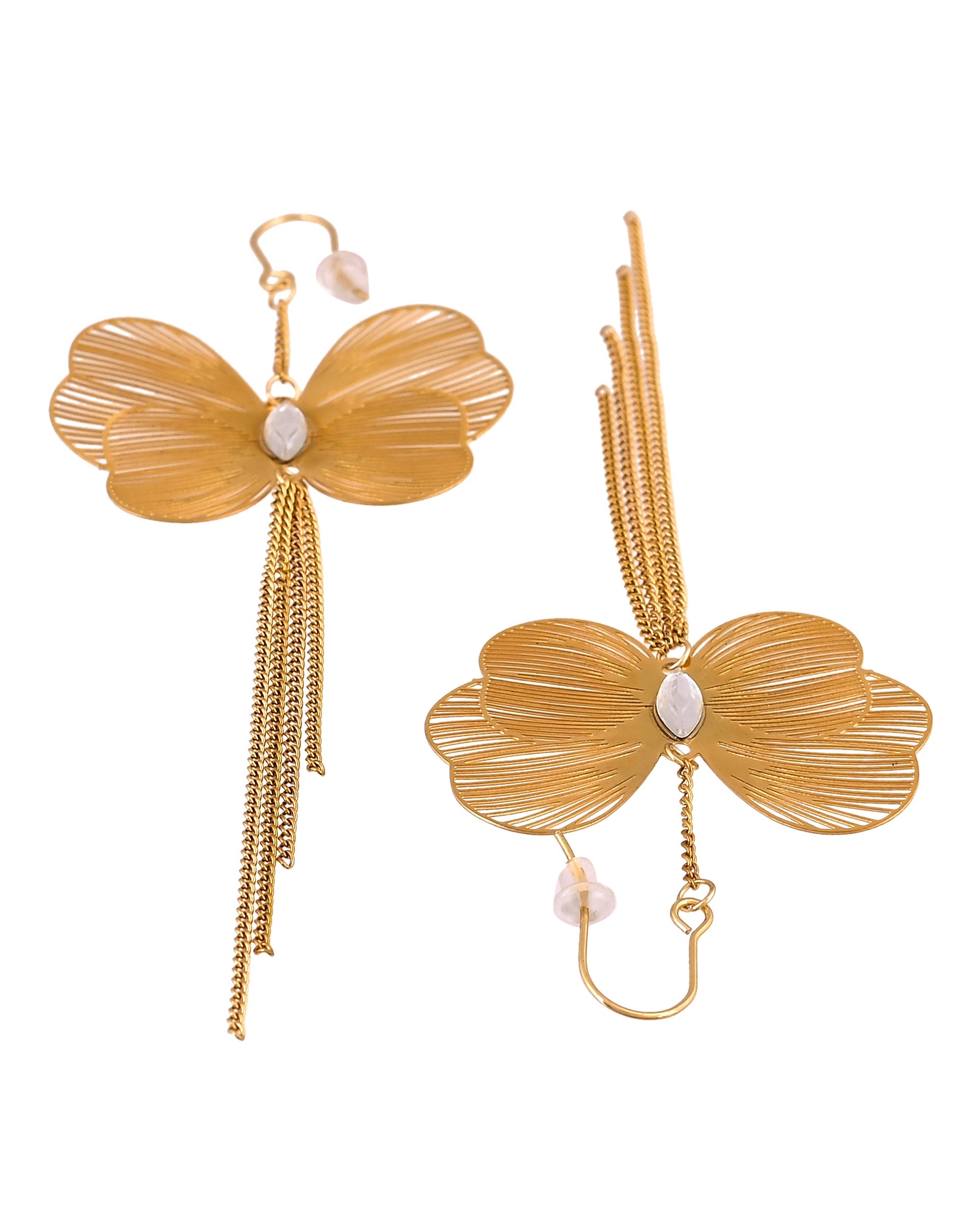 VOJ Gold Toned Single Butterfly Design With Tassel Drop Earrings - Dista