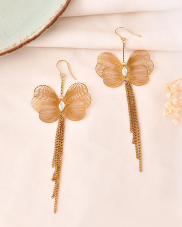 VOJ Gold Toned Single Butterfly Design With Tassel Drop Earrings - Dista