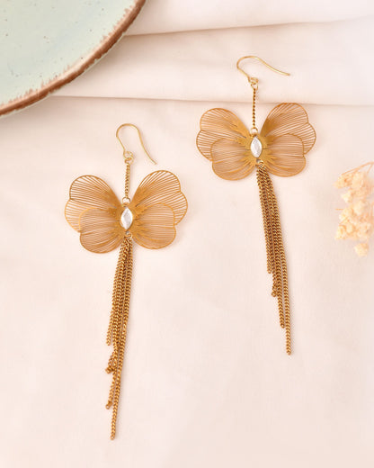 VOJ Gold Toned Single Butterfly Design With Tassel Drop Earrings - Dista