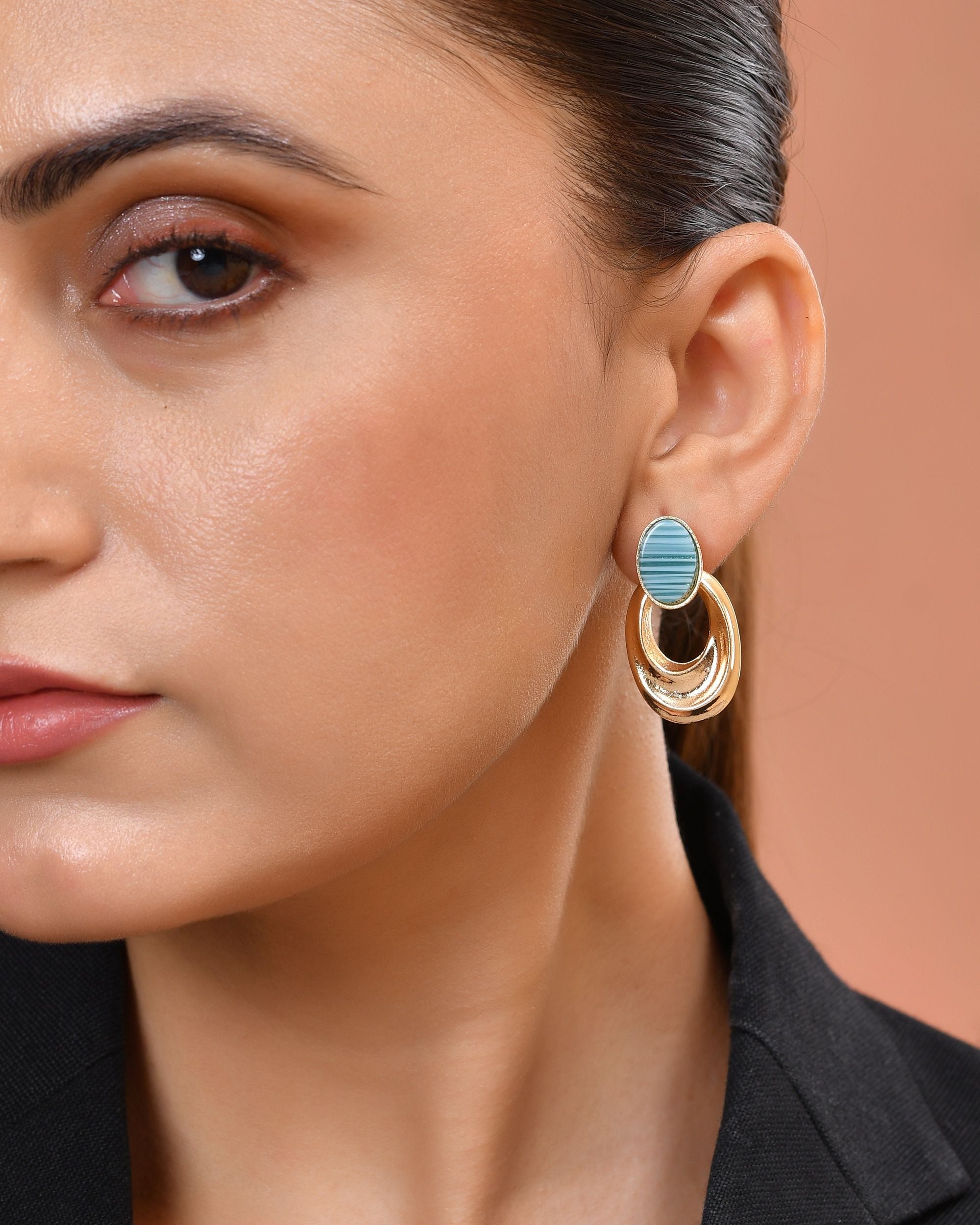 VOJ Gold Plated Blue Stone Studded Oval Shaped Earrings - Dista