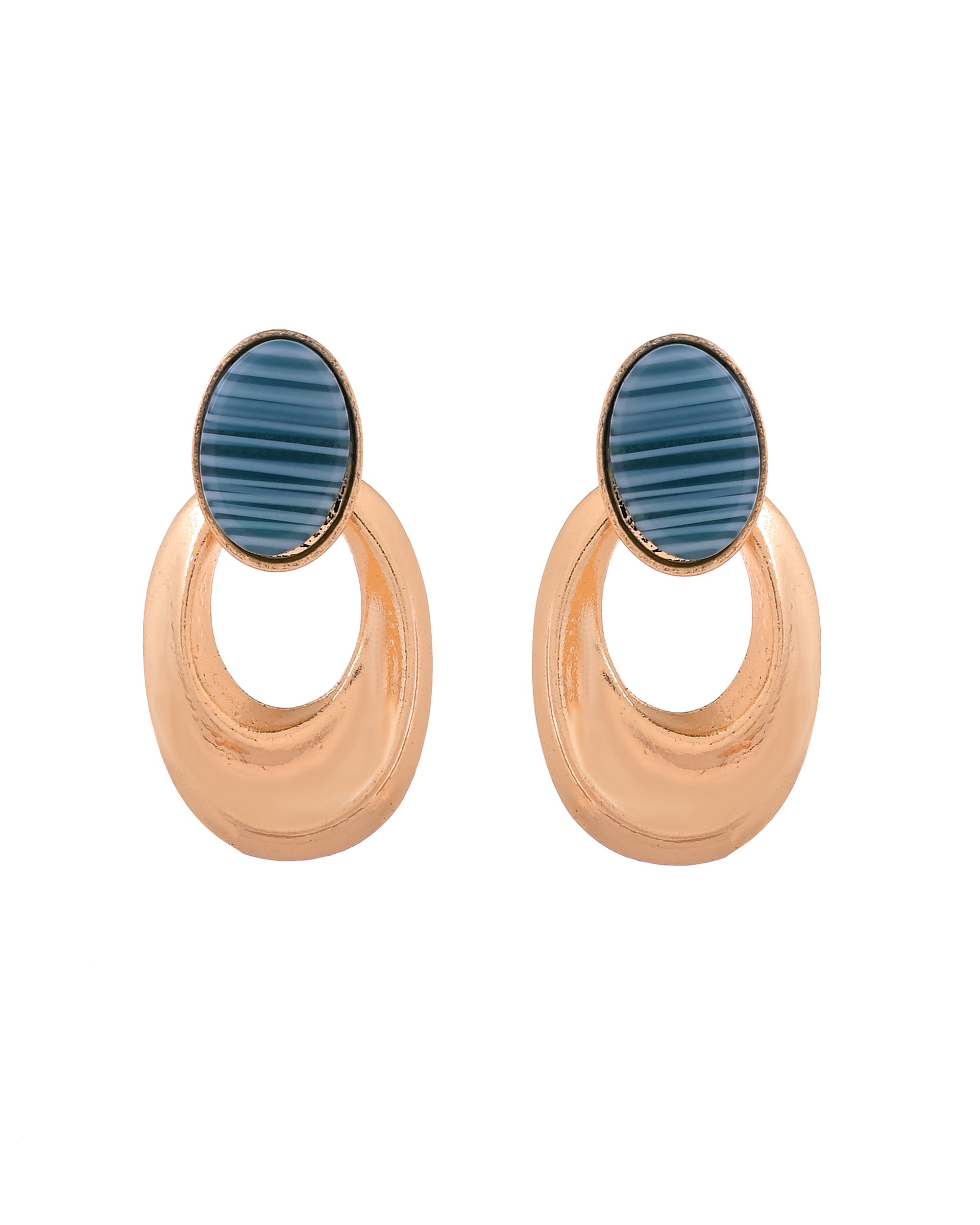 VOJ Gold Plated Blue Stone Studded Oval Shaped Earrings - Dista
