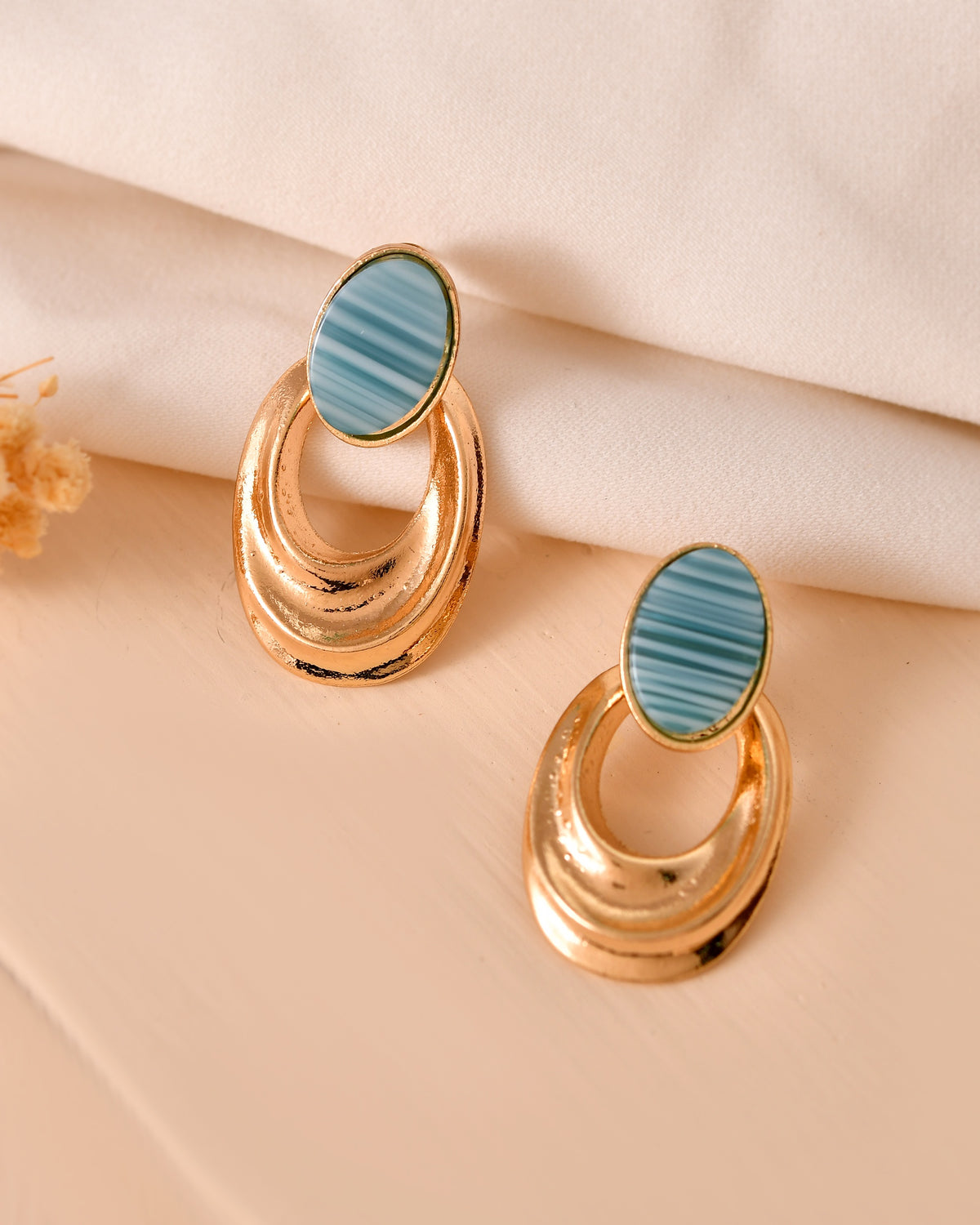 VOJ Gold Plated Blue Stone Studded Oval Shaped Earrings - Dista