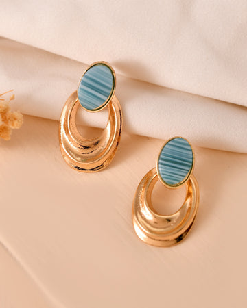 VOJ Gold Plated Blue Stone Studded Oval Shaped Earrings - Dista