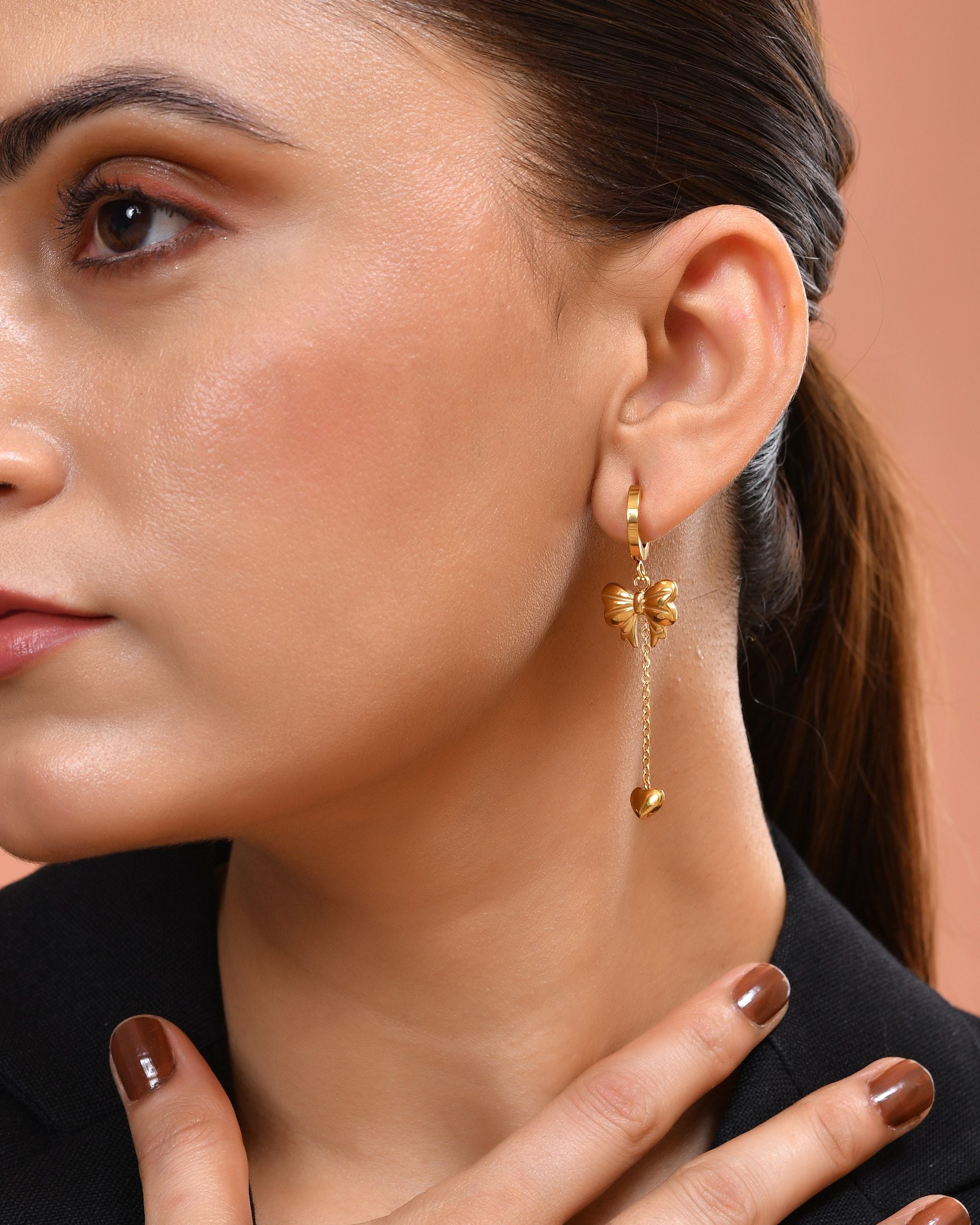 VOJ Gold Plated Bow Designed Hoop Drop Earrings