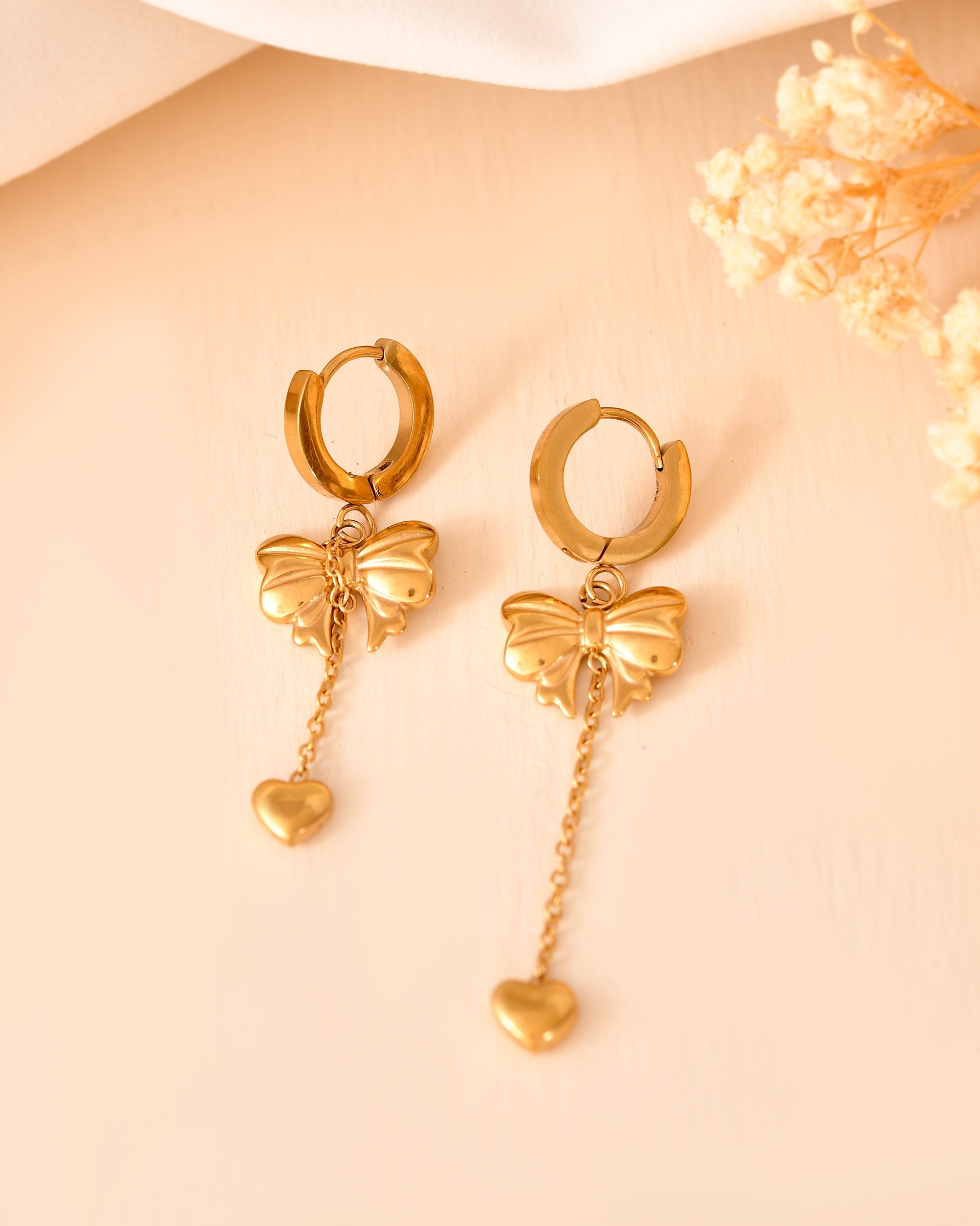 VOJ Gold Plated Bow Designed Hoop Drop Earrings