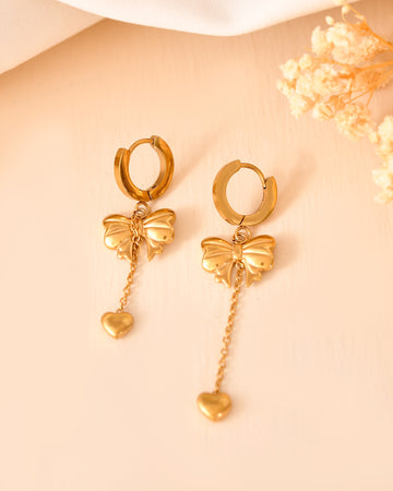 VOJ Gold Plated Bow Designed Hoop Drop Earrings - Dista