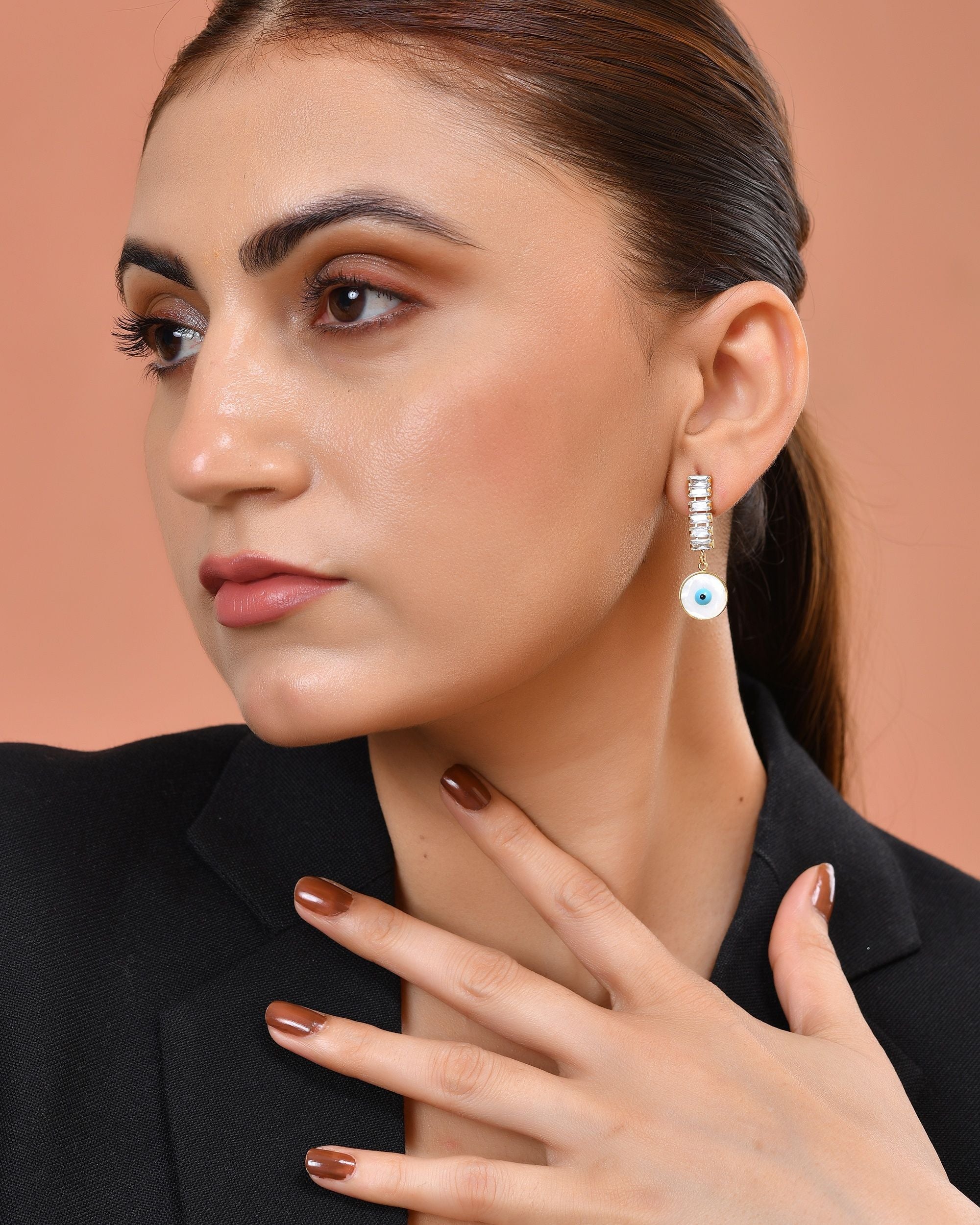 VOJ Gold Plated Stone Studded Evil Eye Drop Earrings - Dista