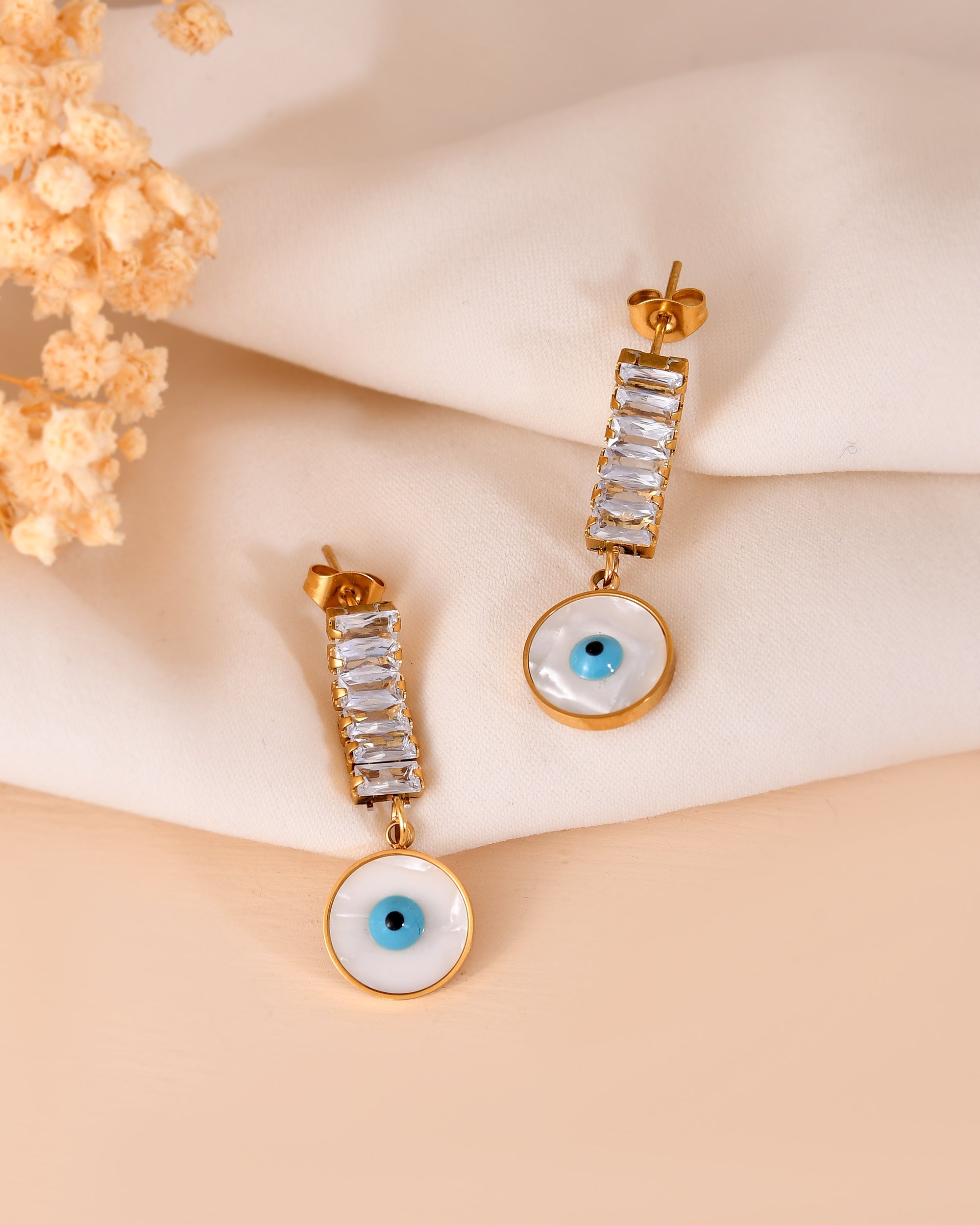 VOJ Gold Plated Stone Studded Evil Eye Drop Earrings - Dista