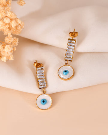 VOJ Gold Plated Stone Studded Evil Eye Drop Earrings - Dista