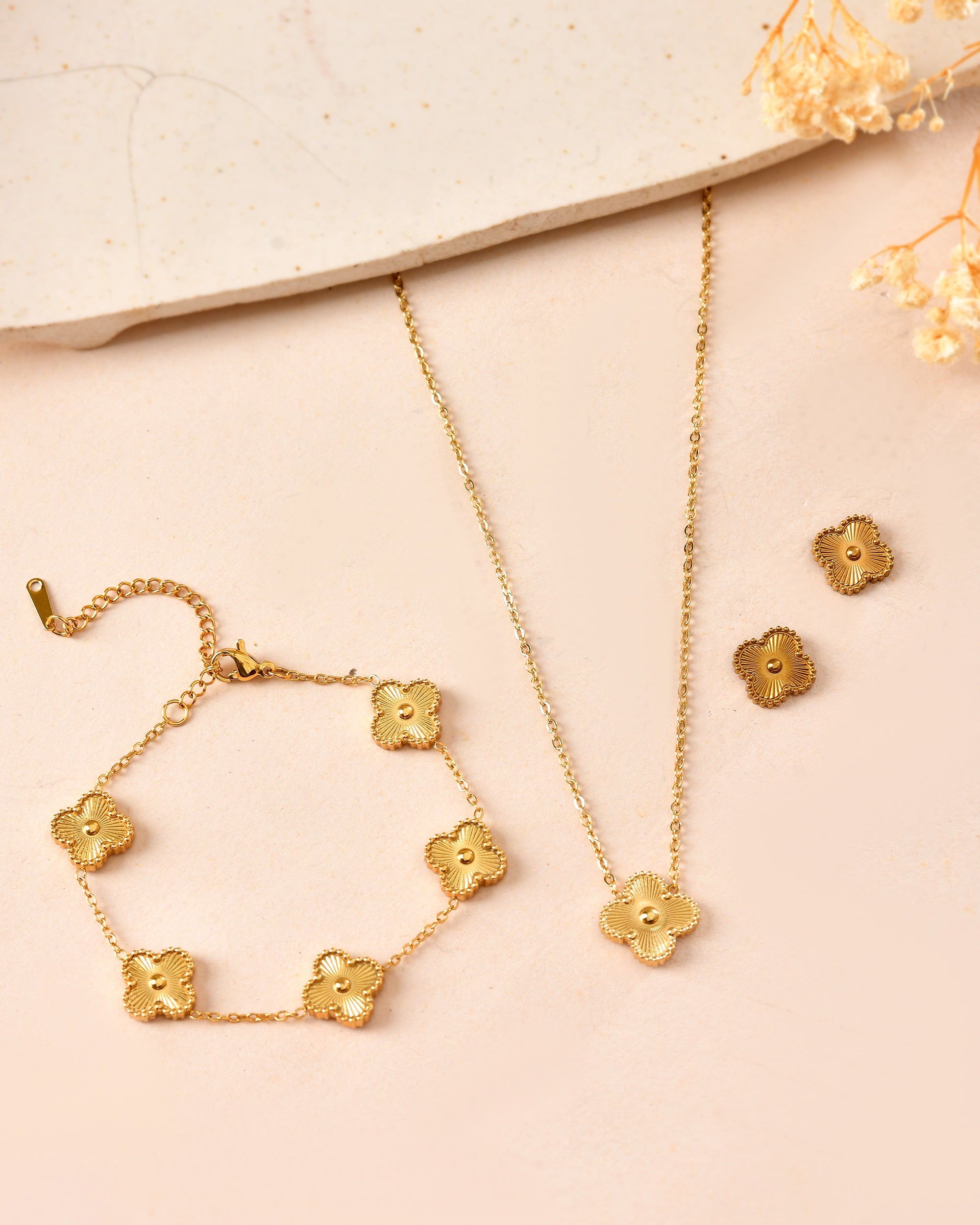 VOJ Gold Plated Floral Design Chain With Earrings And Bracelet Set