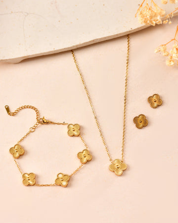 VOJ Gold Plated Floral Design Chain With Earrings And Bracelet Set - Dista