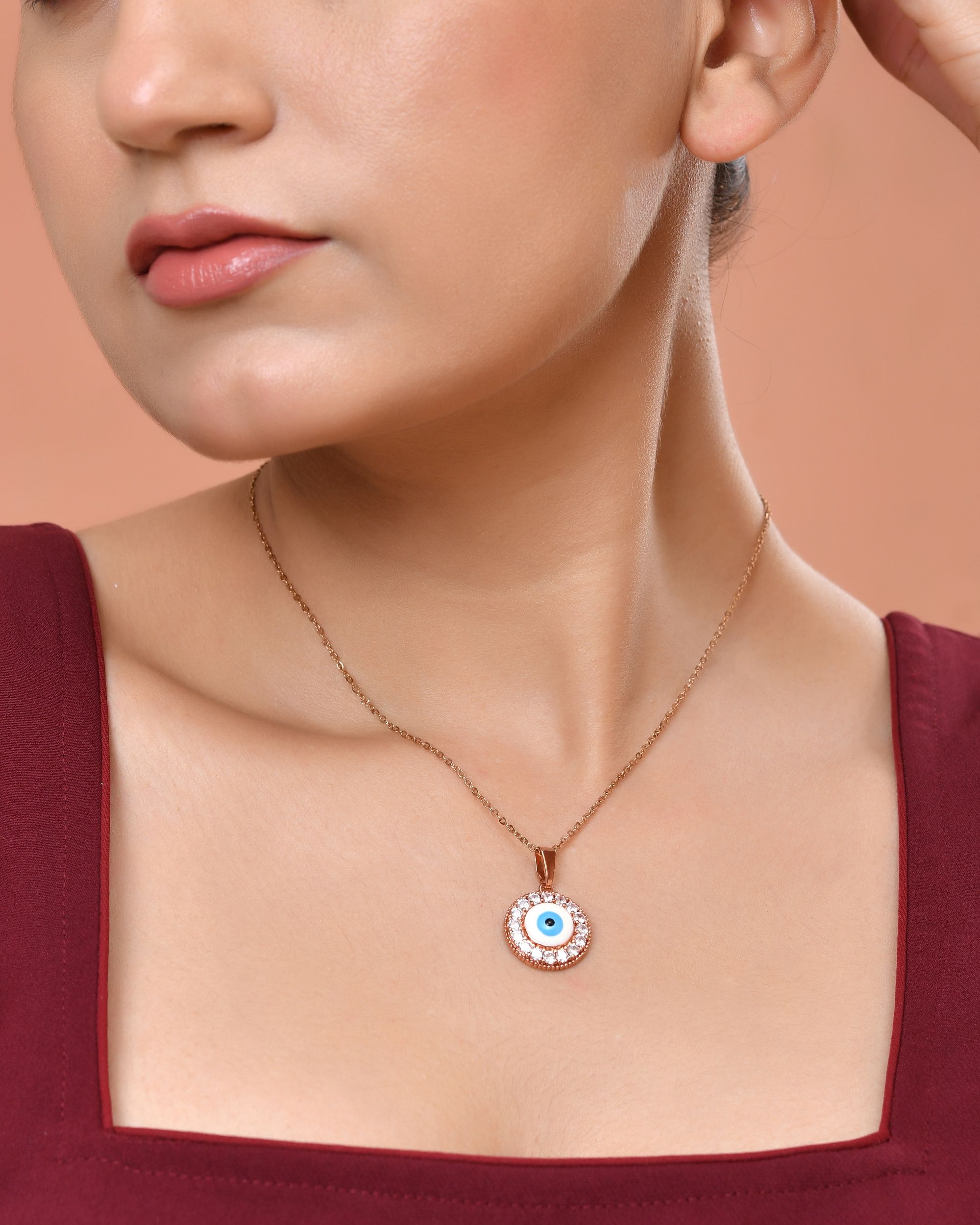 VOJ Rose Gold Plated Ad Stone Studded Evil Eye Pendant With Chain - Dista