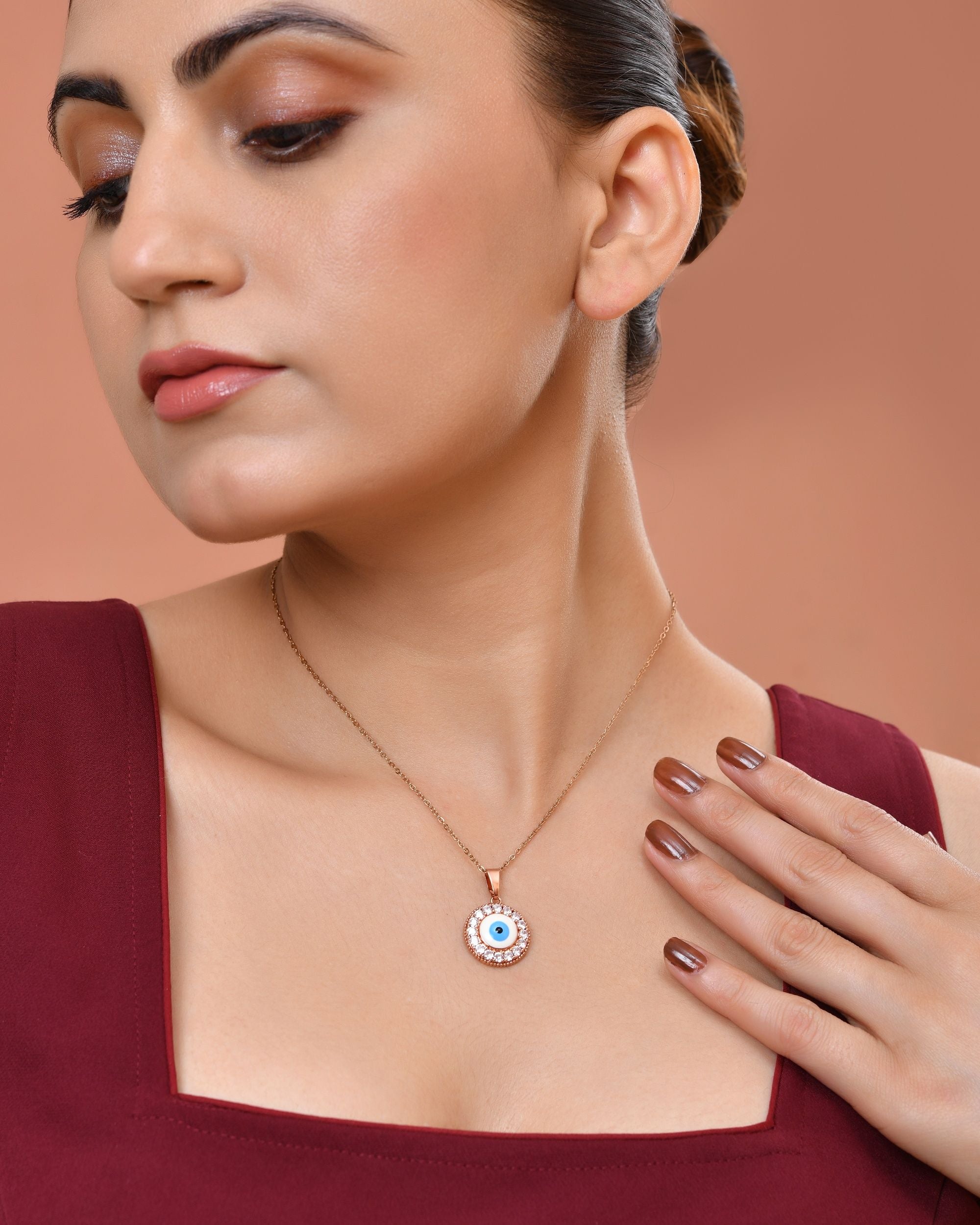 VOJ Rose Gold Plated Ad Stone Studded Evil Eye Pendant With Chain - Dista