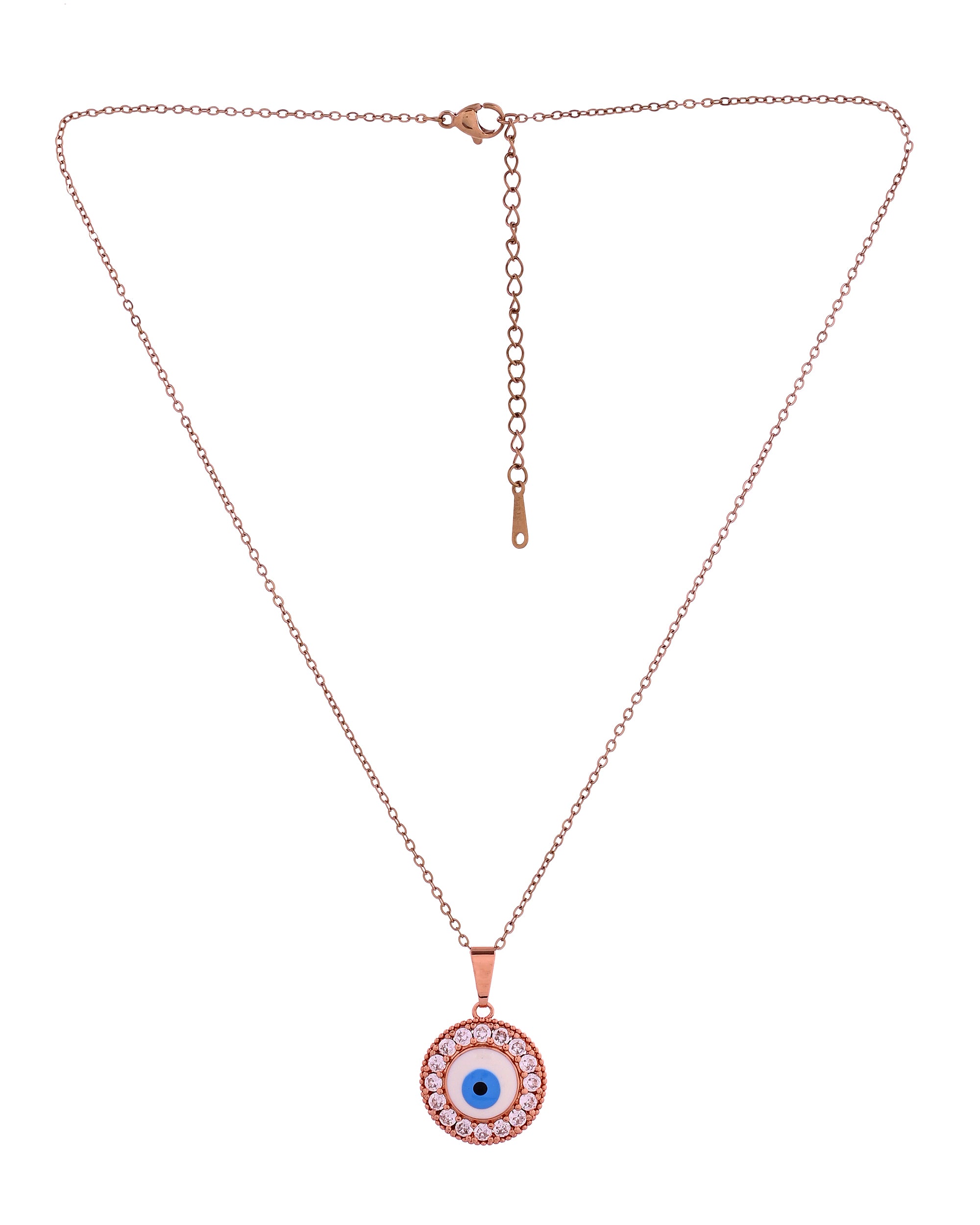 VOJ Rose Gold Plated Ad Stone Studded Evil Eye Pendant With Chain - Dista