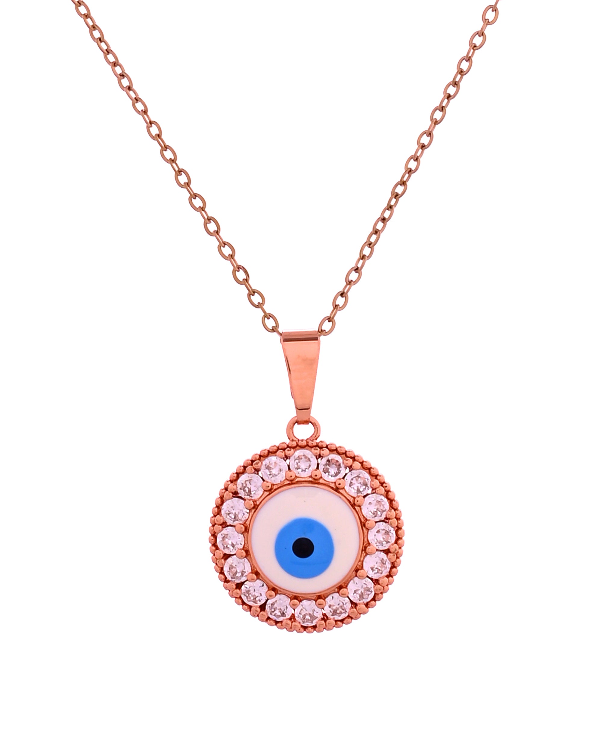VOJ Rose Gold Plated Ad Stone Studded Evil Eye Pendant With Chain - Dista