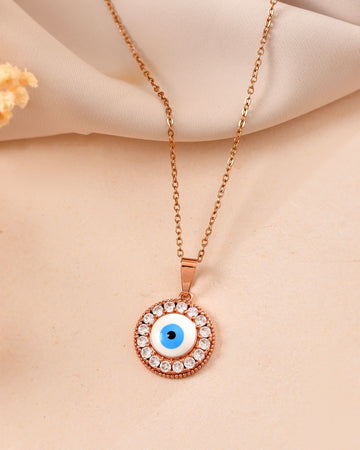 VOJ Rose Gold Plated Ad Stone Studded Evil Eye Pendant With Chain - Dista