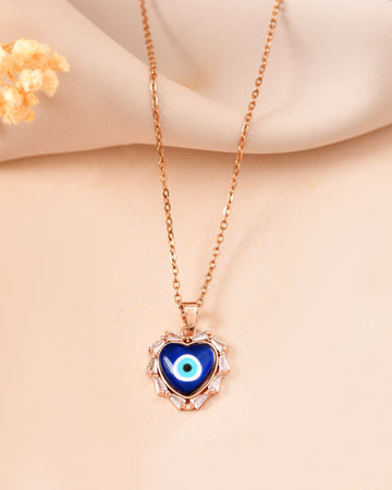 VOJ Rose Gold Plated Heart Shaped Evil Eye Pendant With Chain - Dista